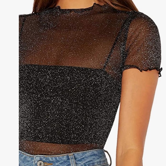 Size Small Women's Sheer Black Mesh Lettuce Trim Glitter Short Sleeve Top - Picture 13 of 16